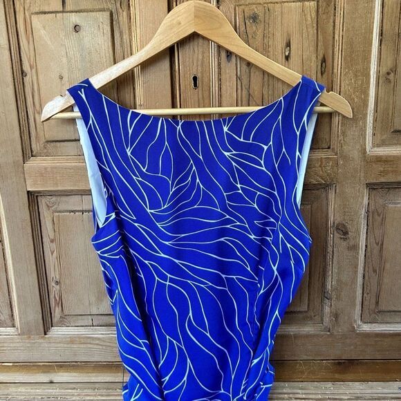 Susana Monaco 6 Royal‎ Blue White Dress Sleeveless Belted Tank Printed Sheath - Picture 2 of 10